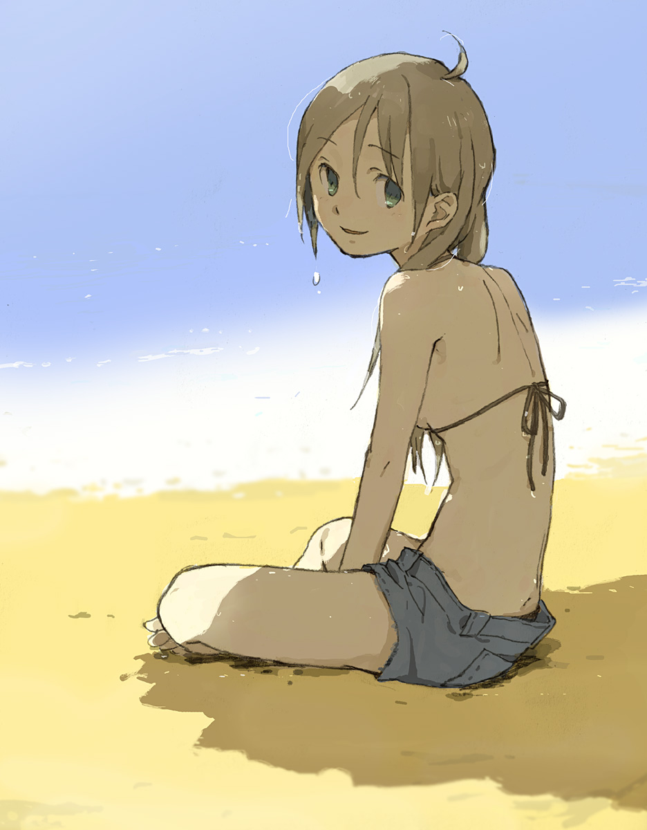 00s, 1girl, barefoot, beach, bikini, brown_hair, denim, denim_shorts, downpants, feet, female_focus, green_eyes, highres, kiikanna, maka_albarn, non-web_source, over_shoulder, shorts, smile, solo, soul_eater, swimsuit, water, wet, wet_hair