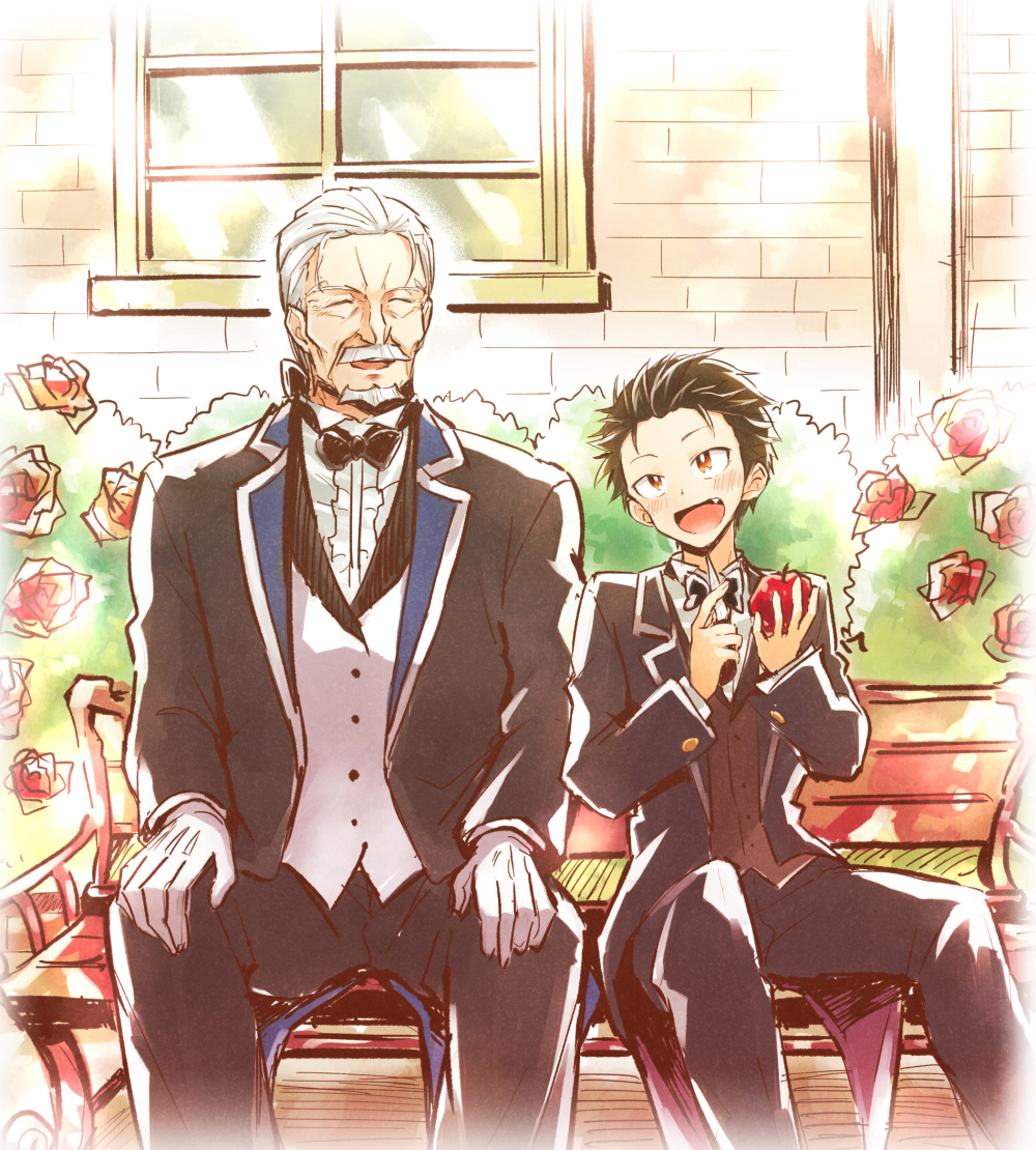 10s, 2boys, :d, apple, beard, bench, black_hair, blush