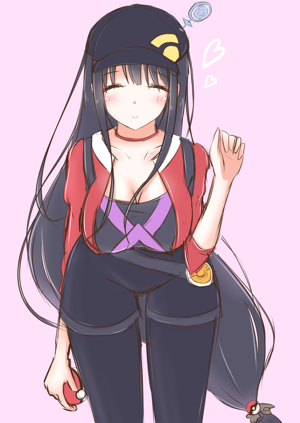 10s, 1girl, alternate_costume, arm_at_side, baseball_cap, black_hair, breasts, cleavage