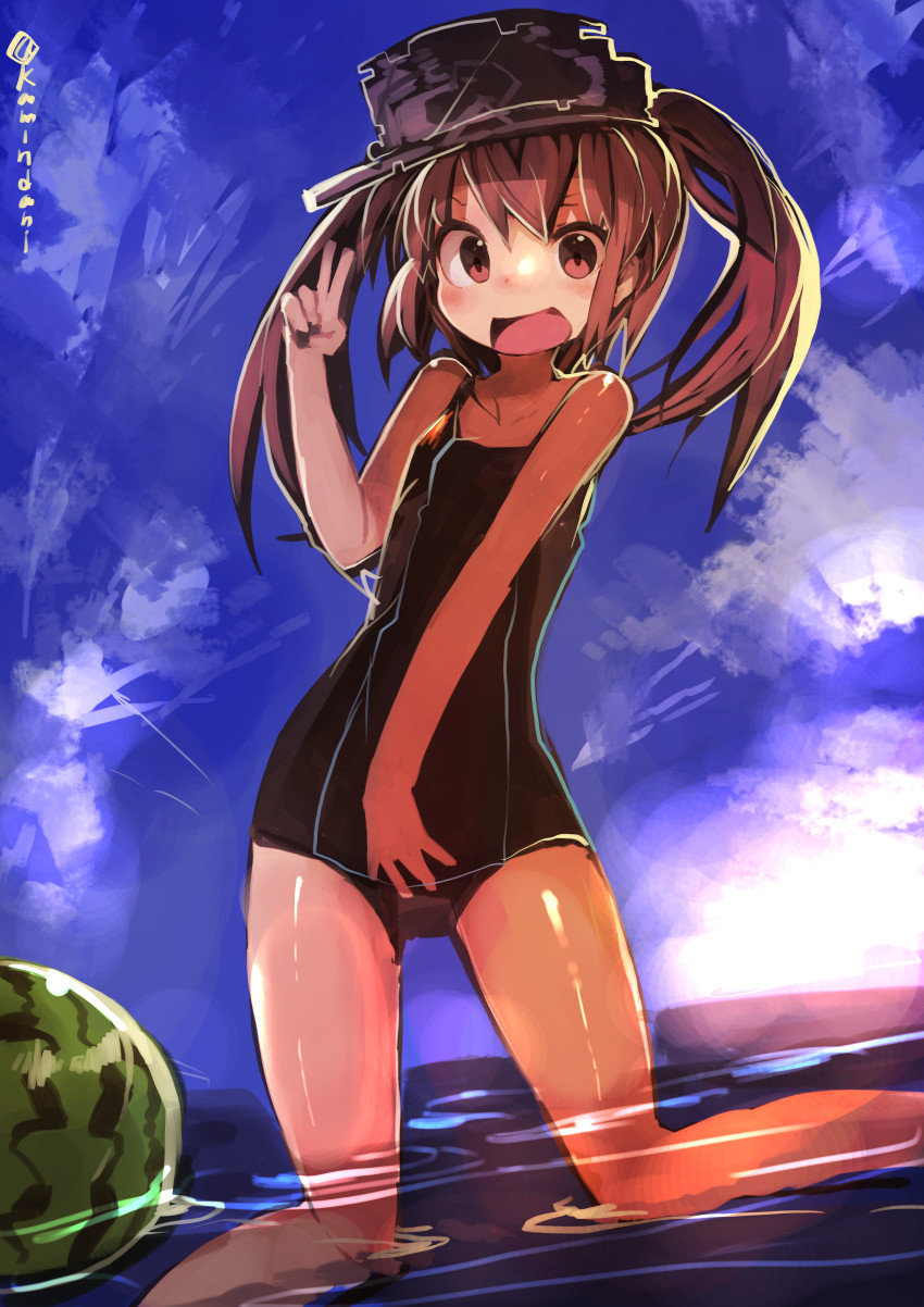 10s, 1girl, :d, absurdres, bare_shoulders, blue_sky, blush, brown_hair, cloud, day, female_focus, flat_chest, food, fruit, highres, kaamin_(mariarose753), kamindani, kantai_collection, kneeling, one-piece_swimsuit, open_mouth, partially_submerged, ryuujou_(kancolle), school_swimsuit, sky, smile, solo, swimsuit, twintails, twitter_username, v, visor_cap, water, watermelon