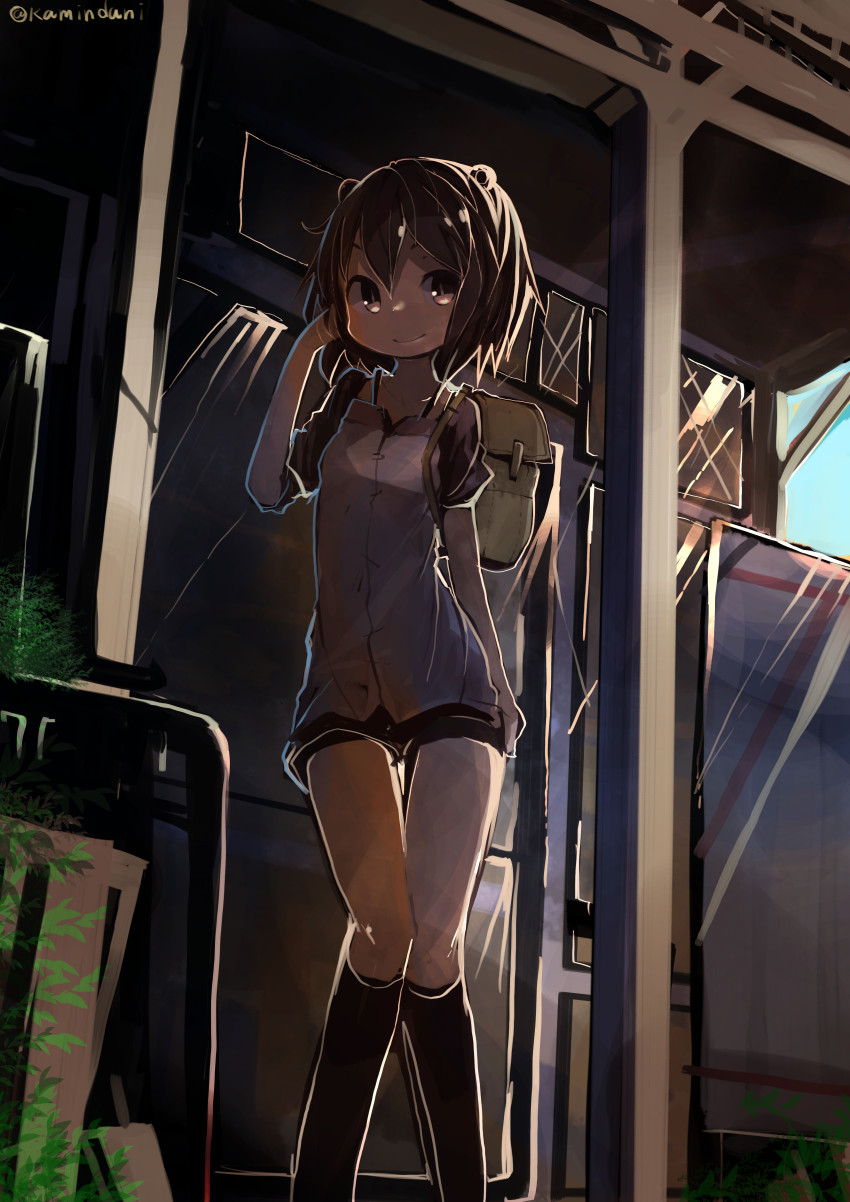10s, 1girl, absurdres, alternate_costume, arm_up, backpack, bag, brown_eyes