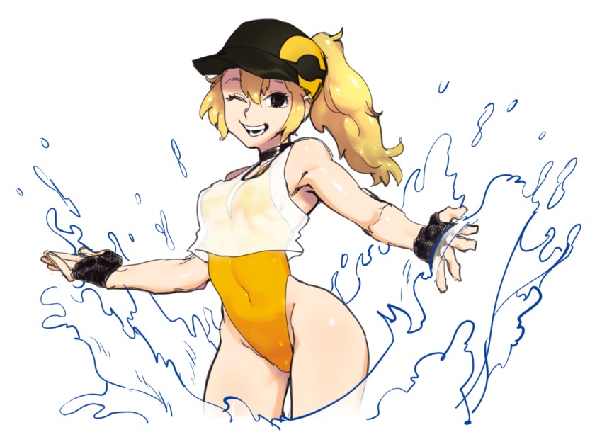 10s, 1girl, ;), baseball_cap, black_gloves, blonde_hair, contrapposto, crop_top, female_focus, female_protagonist_(pokemon_go), fingerless_gloves, gloves, grey_eyes, hat, highleg, highleg_one-piece_swimsuit, hip_focus, nintendo, one-piece_swimsuit, one_eye_closed, pokemon, pokemon_go, skindentation, smile, solo, splashing, swimsuit, taikodon, team_instinct, wading, water, wet, wet_clothes
