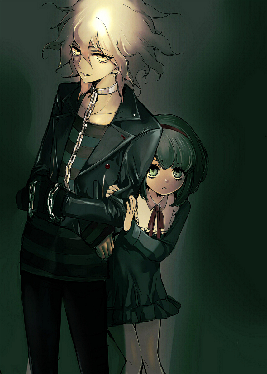 10s, 1boy, 1girl, collar, danganronpa_(series), danganronpa_another_episode:_ultra_despair_girls, dress, green_hair