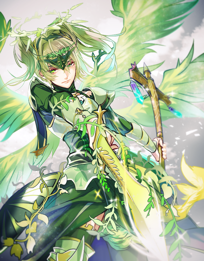 1boy, angel, armor, asymmetrical_dual_wielding, blonde_hair, breastplate, circlet, cloud, dual_wielding, expressionless, gradient_hair, green_eyes, green_hair, halo, holding, male_focus, matching_hair/eyes, michael_(p&amp;d), multicolored_hair, multiple_weapons, multiple_wings, nine-year, plant, puzzle_&amp;_dragons, solo, sword, two_side_up, vines, weapon, wings