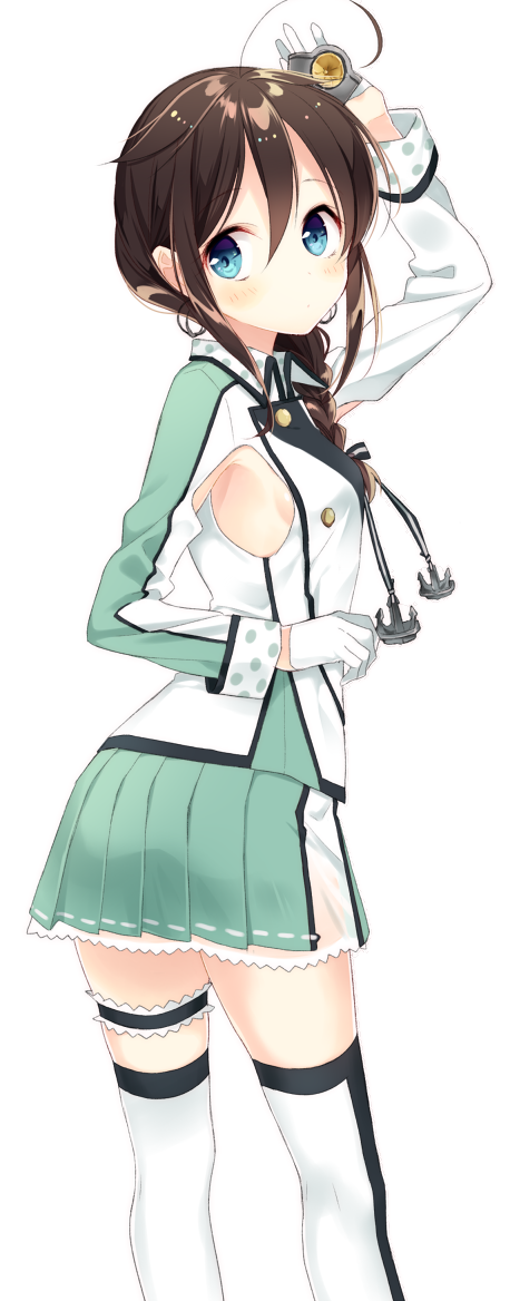 1girl, ahoge, akitsushima_(kancolle), akitsushima_(kancolle)_(cosplay), anchor_hair_ornament, armpit_cutout, blue_eyes, blush