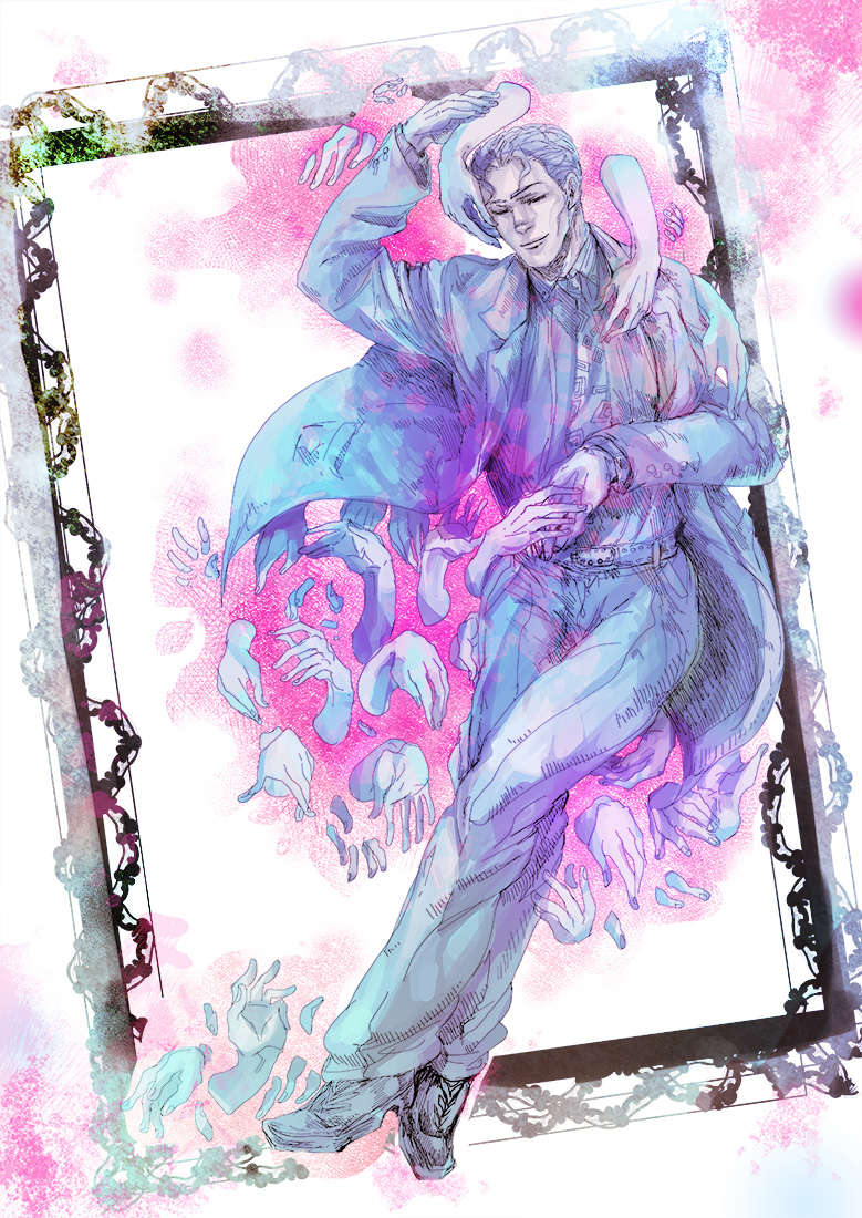 1boy, closed_eyes, disembodied_hand, formal_clothes, full_body, jojo_no_kimyou_na_bouken, kira_yoshikage, male_focus, mushiba_kooh, necktie, purple_hair, smile, solo, suit