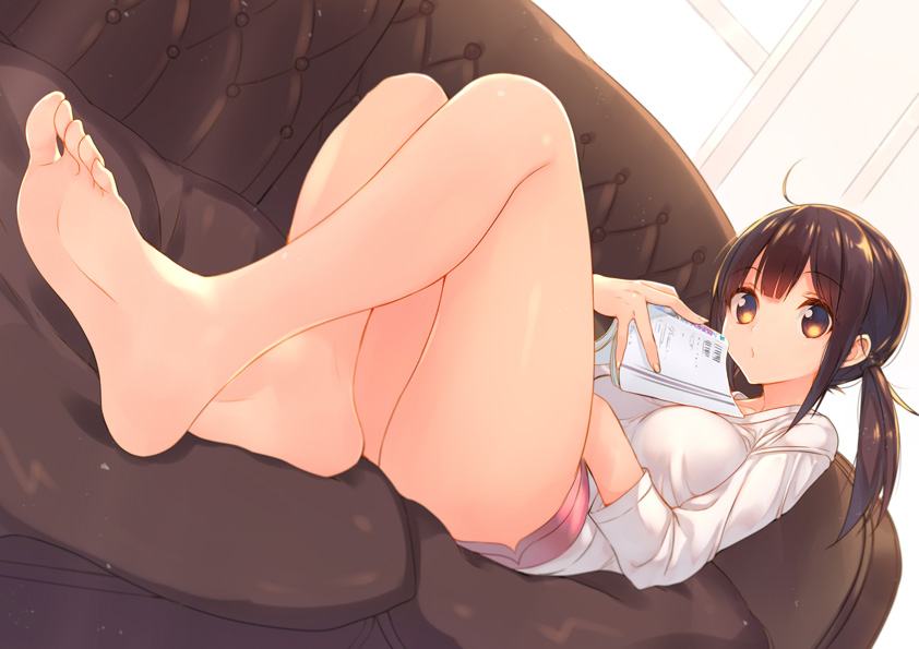 1girl, ahoge, artist_request, barefoot, book, brown_eyes, brown_hair, feet, female_focus, food, foot_focus, legs, long_hair, original, shorts, solo, sushi, sushikuugo_(suisen), thighhighs, twintails