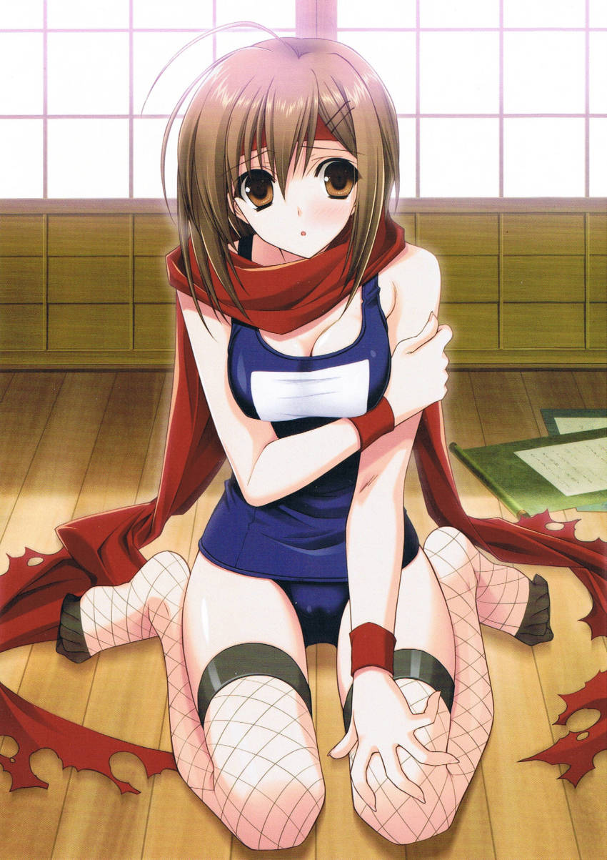 1girl, ahoge, architecture, blue_one-piece_swimsuit, blush, breasts, brown_eyes, brown_hair