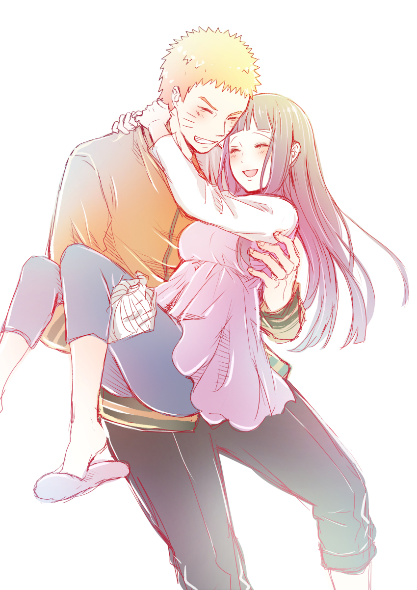 1boy, 1girl, bad_id, bad_pixiv_id, blonde_hair, carrying, closed_eyes, couple, facial_mark, hetero, highres, hyuuga_hinata, long_hair, naruto_(classic), naruto_(series), princess_carry, purple_hair, smile, ting, uzumaki_naruto