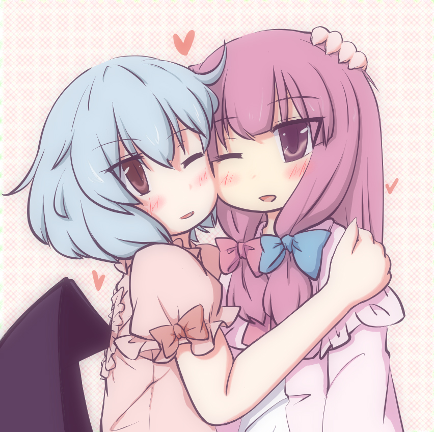 2girls, bad_id, bad_pixiv_id, blue_hair, blush, bow, eyebrows, fang