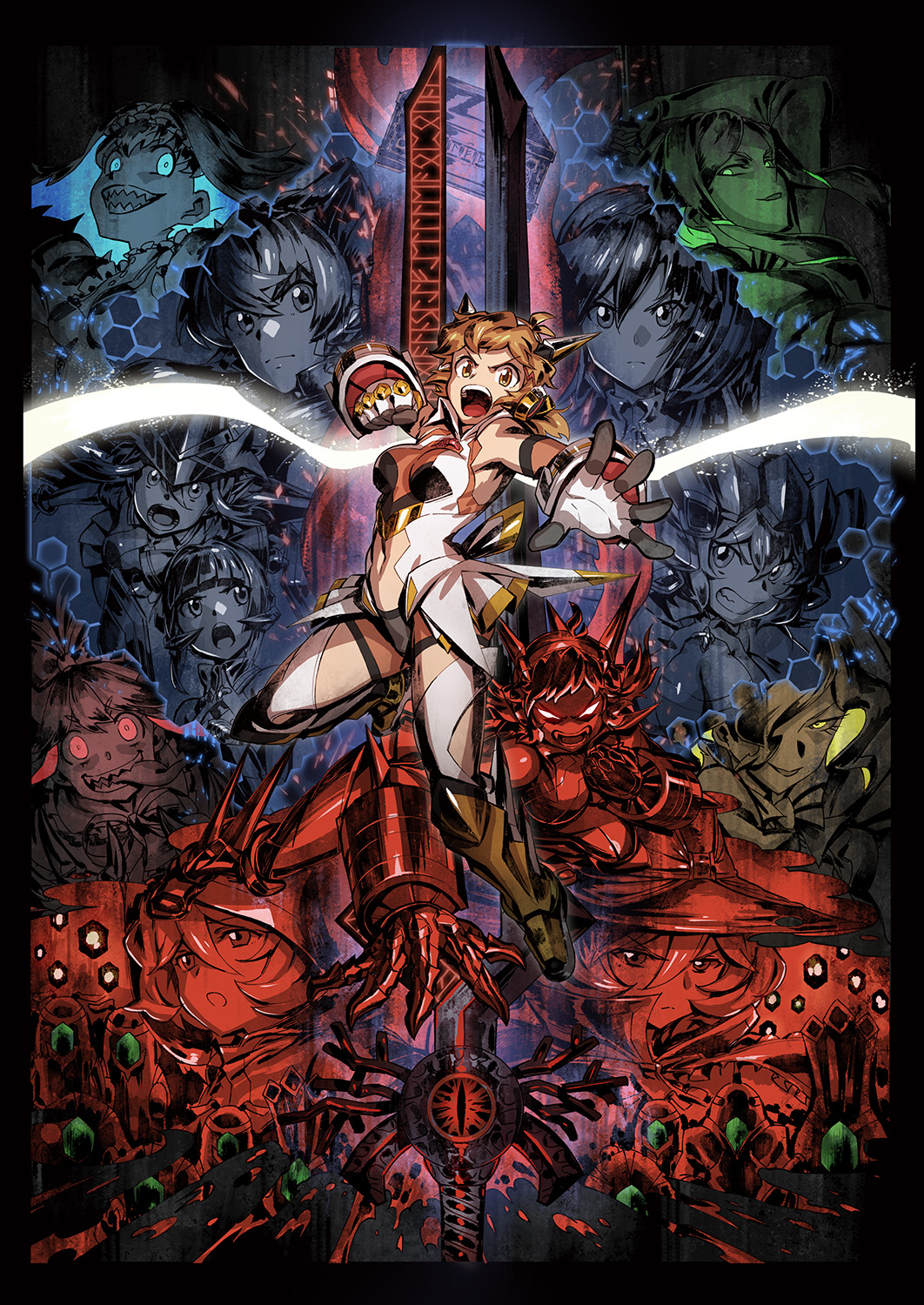 10s, 6+girls, akatsuki_kirika, bodysuit, breasts, brown_hair, carol_malus_dienheim, clenched_hand