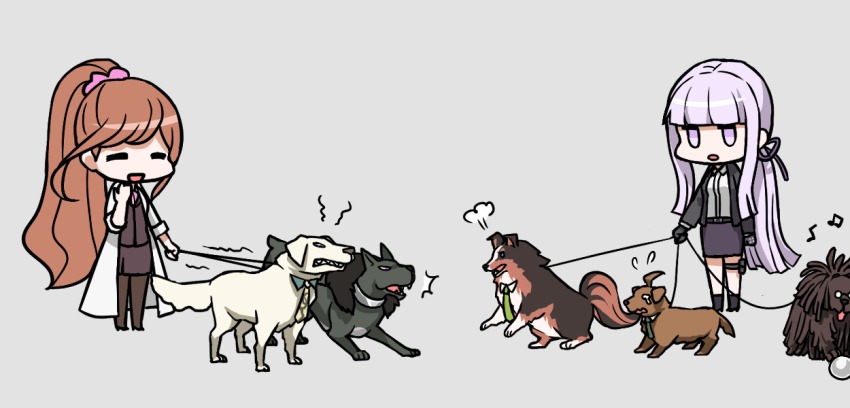 10s, 2girls, animalization, asahina_aoi, c_f_lanteon, chibi, collar, danganronpa_(series), danganronpa_3_(anime), dog, closed_eyes, formal_clothes, fur_collar, grey_background, hagakure_yasuhiro, jitome, lab_coat, leash, long_hair, multiple_girls, munakata_kyosuke, naegi_makoto, necktie, pantyhose, ponytail, purple_eyes, purple_hair, sakakura_juzo, scrunchie, simple_background, skirt, skirt_suit, smile, suit, very_long_hair, yukizome_chisa