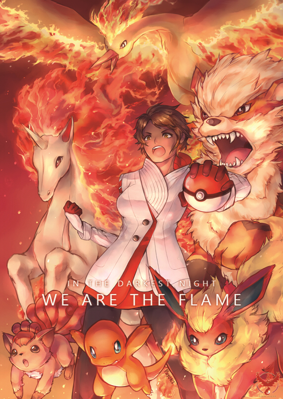 10s, 1girl, arcanine, black_pantyhose, brown_hair, candela_(pokemon), charmander, clenched_hand, dark_skin, english_text, fire, flame-tipped_tail, flareon, gen_1_pokemon, gloves, holding, holding_poke_ball, legendary_pokemon, moltres, nintendo, open_mouth, pantyhose, payoki, poke_ball, poke_ball_(basic), pokemon, pokemon_(creature), pokemon_go, rapidash, red_theme, short_hair, tail, vulpix