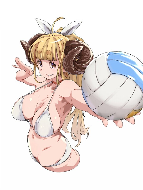 10s, 1girl, anila_(granblue_fantasy), bad_id, bad_twitter_id, ball, beach_volleyball, bikini