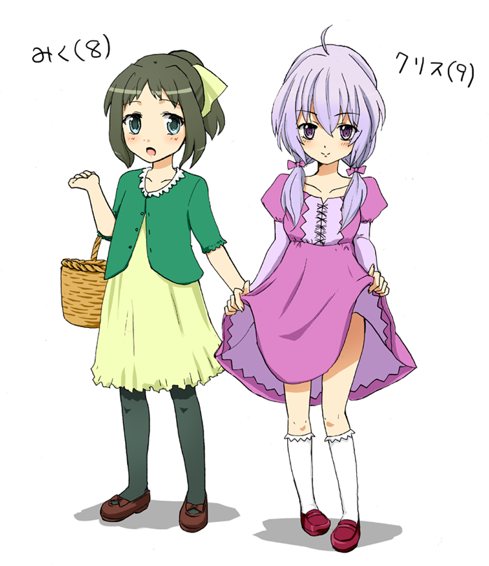 10s, 2girls, :o, aged_down, arm_up, basket, black_socks, blue_eyes