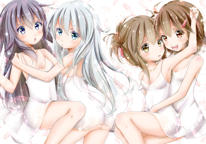 10s, 4girls, ahoge, akatsuki_(kancolle), alternate_costume, ass, bad_id, bad_nicoseiga_id, blue_eyes, blue_hair, breasts, brown_eyes, brown_hair, chemise, colored_eyelashes, dress, folded_ponytail, from_behind, hair_between_eyes, hair_ornament, hairclip, hibiki_(kancolle), hug, hyakka_onibi, ikazuchi_(kancolle), inazuma_(kancolle), jitome, kantai_collection, long_hair, multiple_girls, short_dress, silver_hair, sitting, sitting_on_lap, sitting_on_person, small_breasts, strap_slip, thighs, white_dress