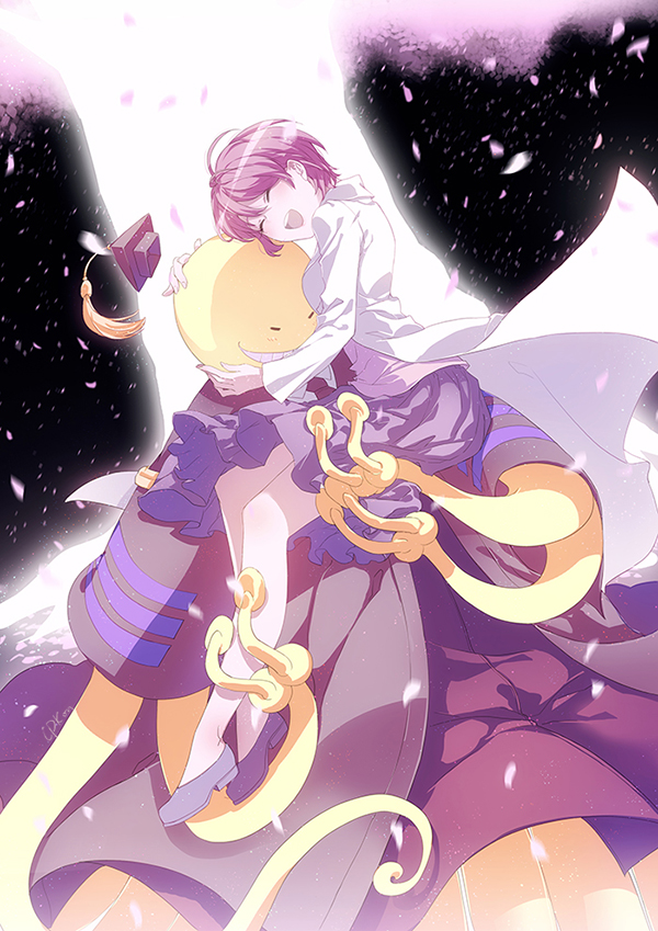 10s, 1boy, 1girl, ^_^, ansatsu_kyoushitsu, bare_legs, black_necktie, blush, breasts, carrying, cat_princess, cherry_blossoms, closed_eyes, collared_shirt, couple, glowing, grin, hair_between_eyes, hand_on_another's_head, happy, hat, unworn_hat, head_hug, unworn_headwear, hetero, hug, koro-sensei, lab_coat, long_sleeves, medium_breasts, miniskirt, necktie, night, open_mouth, petals, pleated_skirt, shade, shirt, shoes, short_hair, sitting, skirt, smile, spoilers, tassel, tree, twitter_username, under_tree, white_shirt, yukimura_aguri