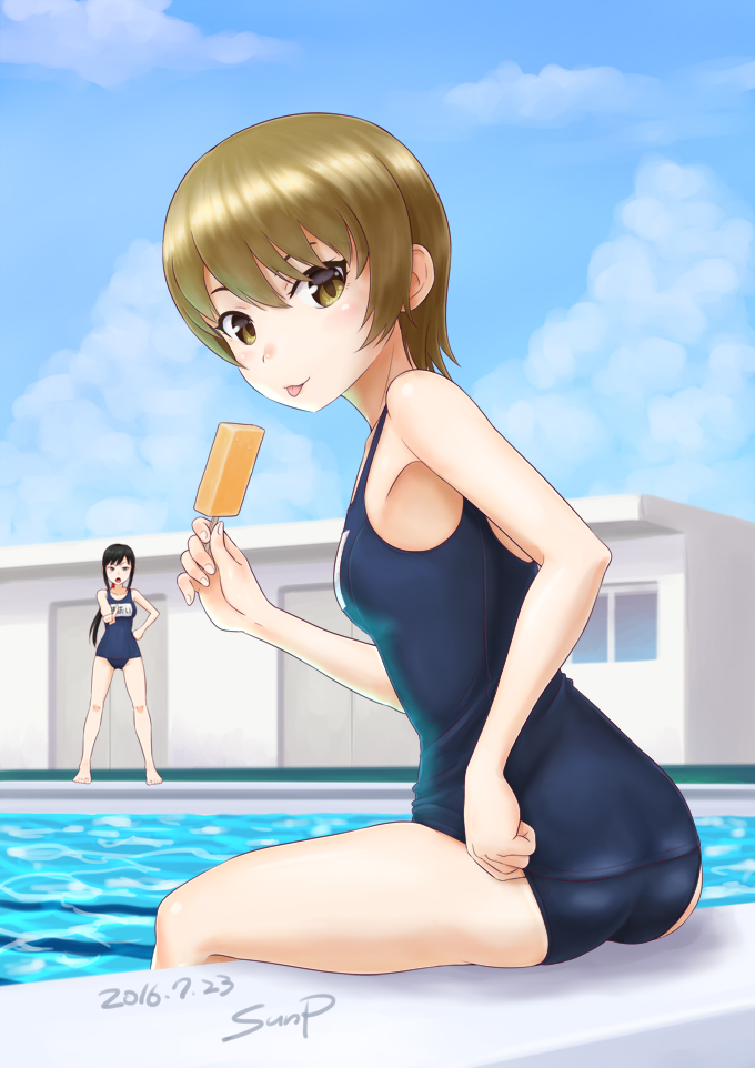 2girls, :p, adjusting_clothes, adjusting_swimsuit, ass, black_hair, blush, brown_eyes