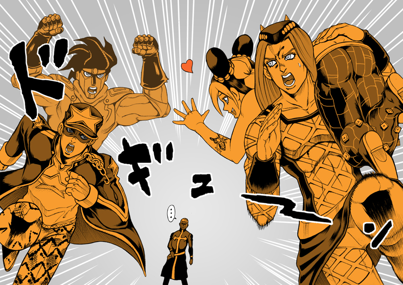 ..., araki_hirohiko_(style), ashiro_(collective-mind), braid, carrying_over_shoulder, chain, chasing, double_bun