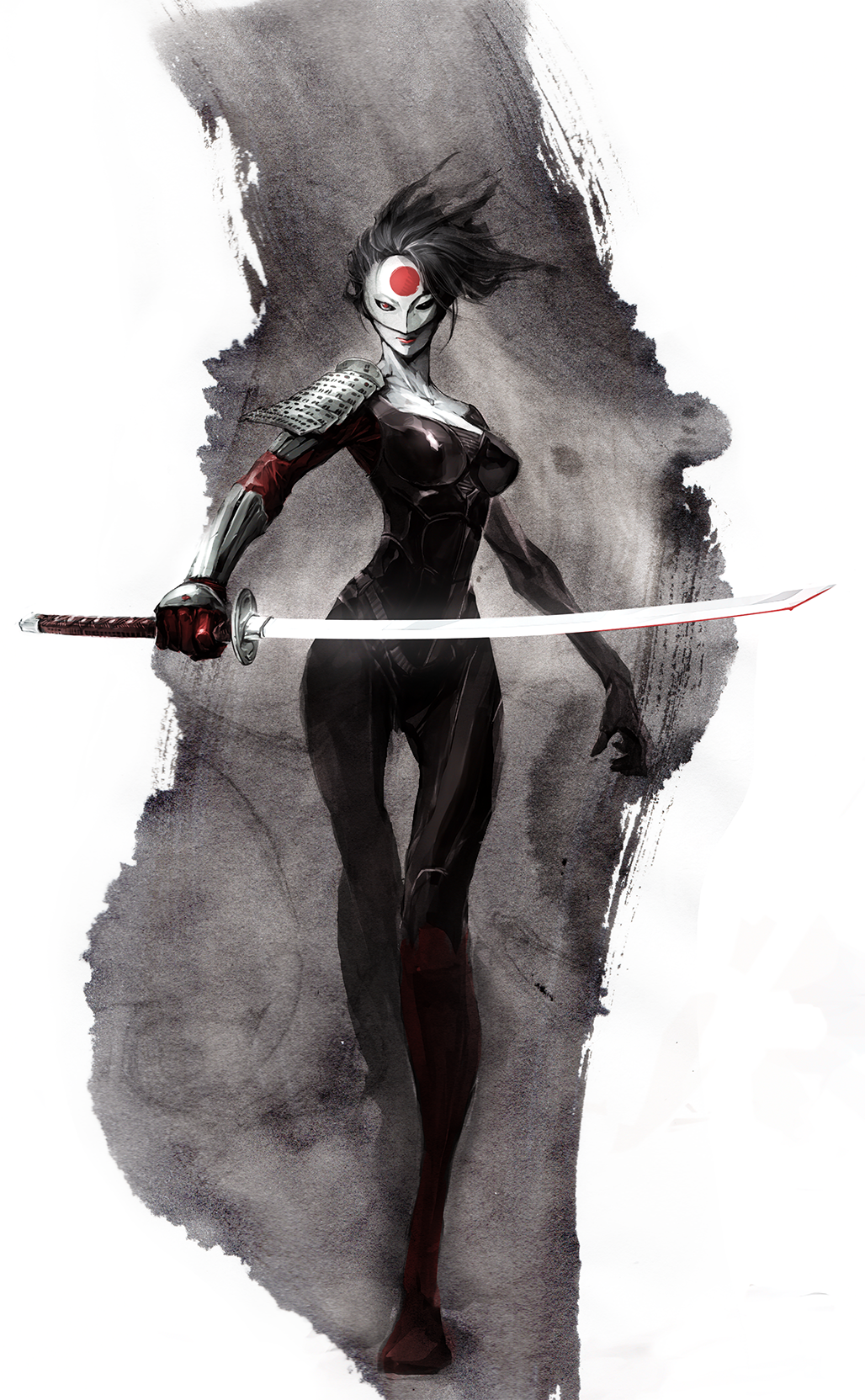 1girl, armor, black_hair, bodysuit, breasts, cleavage, dc_comics, female_focus, full_body, gloves, highres, japanese_armor, katana, katana_(dc), limited_palette, lipstick, makeup, mask, monochrome, naratani, red_eyes, shoulder_armor, simple_background, sode, solo, suicide_squad, suicide_squad_(2016_movie), sword, tatsu_yamashiro, weapon, white_background