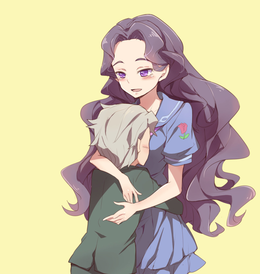 1boy, 1girl, bad_id, bad_pixiv_id, black_hair, blush, breast_press, flower, gakuran, grey_hair, height_difference, hetero, highres, hirose_koichi, hug, jojo_no_kimyou_na_bouken, long_hair, open_mouth, purple_eyes, rose, school_uniform, serafuku, skirt, smile, touming_renjian, very_long_hair, wavy_hair, yamagishi_yukako
