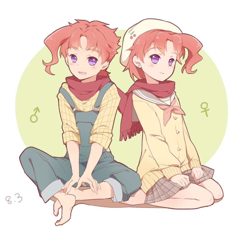 1boy, 1girl, aged_down, bad_id, bad_pixiv_id, barefoot, beret, cardigan