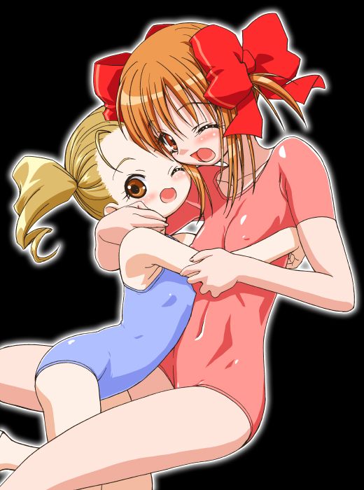 2girls, age_difference, blonde_hair, blue_leotard, bow, child, covered_erect_nipples, flat_chest, gambler_club, hair_bow, hinamori_ami, hug, leotard, multiple_girls, one_eye_closed, open_mouth, orange_eyes, orange_hair, shugo_chara!, size_difference, skin_tight, twintails, wink, yuiki_yaya