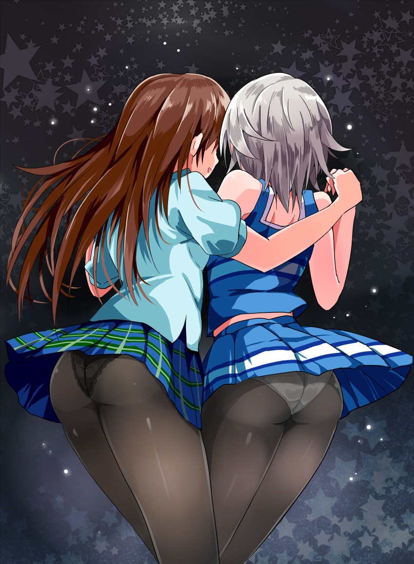 10s, 2girls, absurdres, anastasia_(idolmaster), ass, black_legwear, brown_hair, cheerleader, darkness_yuma, highres, holding_hands, idolmaster, idolmaster_cinderella_girls, love_laika, multiple_girls, nitta_minami, panties, panties_under_pantyhose, pantyhose, plaid_clothes, plaid_skirt, short_hair, silver_hair, skirt, underwear