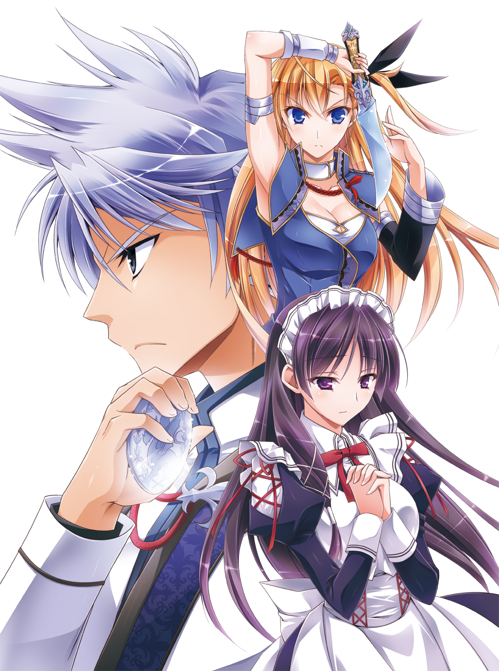 1boy, 2girls, asio_(asiogimuto), bad_id, bad_pixiv_id, blonde_hair, blue_eyes, cain_pulse