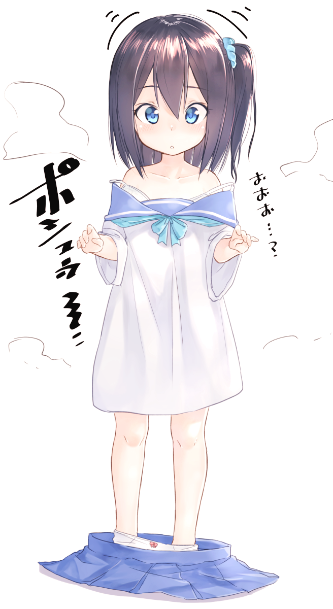 1girl, age_regression, aged_down, ascot, black_hair, blouse, blue_eyes, blue_skirt