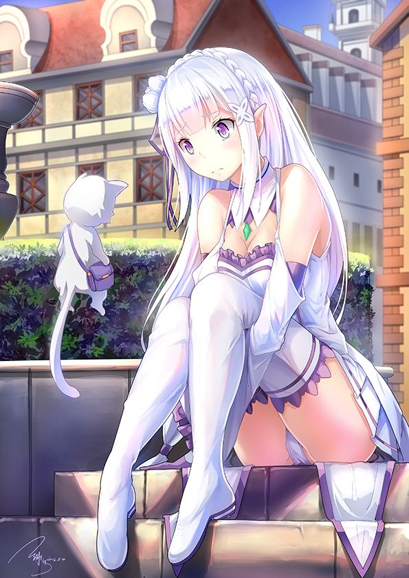 10s, 1girl, bag, bare_shoulders, blush, boots, braid, breasts