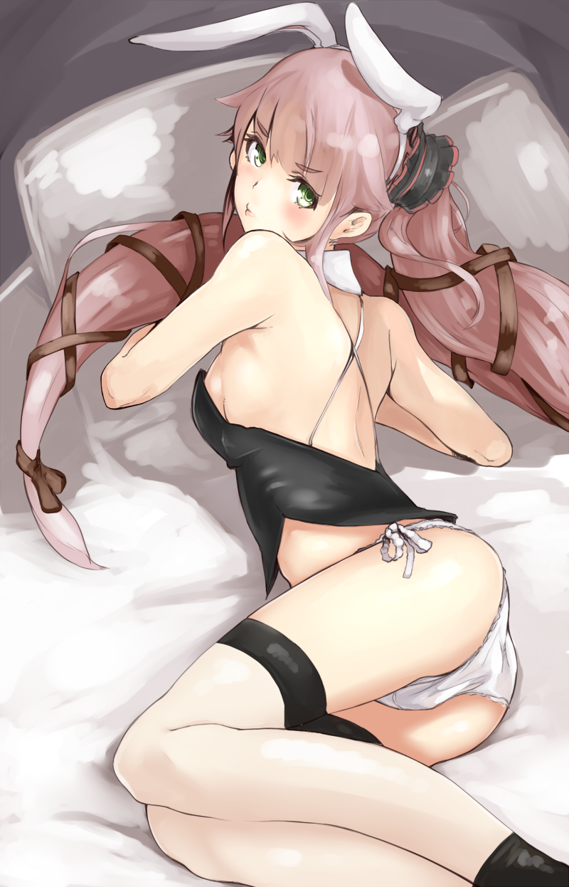 10s, 1girl, alternate_costume, ass, eimusu_(yassun83), eyebrows, female_focus, from_behind, frown, green_eyes, hair_flaps, highres, kantai_collection, lips, long_hair, looking_at_viewer, lying, on_stomach, panties, pink_hair, playboy_bunny, ponytail, pouty_lips, side-tie_panties, solo, thigh_strap, thighhighs, thighs, underwear, very_long_hair, white_panties, white_thighhighs, yura_(kancolle)