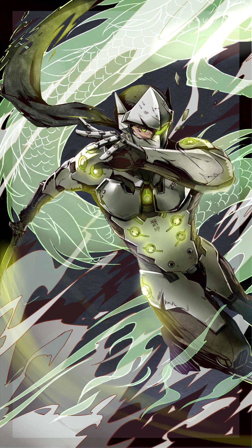 1boy, absurdres, armor, armored_boots, bodysuit, boots, broken_mask, cyborg