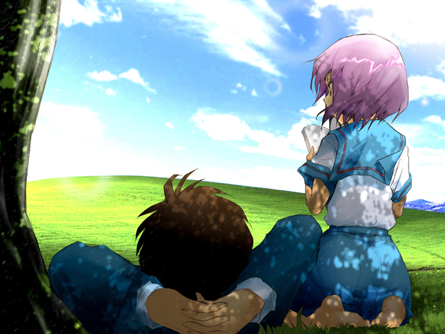 00s, 1boy, 1girl, arms_behind_head, barefoot, bliss_(image), brown_hair, cloud, dappled_sunlight, day, from_behind, gamute_de_kotei, kyon, landscape, lying, meadow, microsoft_windows, multiple_seasonal_school_uniforms, nagato_yuki, purple_hair, school_uniform, seiza, serafuku, short_hair, sitting, sky, sunlight, suzumiya_haruhi_no_yuuutsu, tree_shade, windows_xp