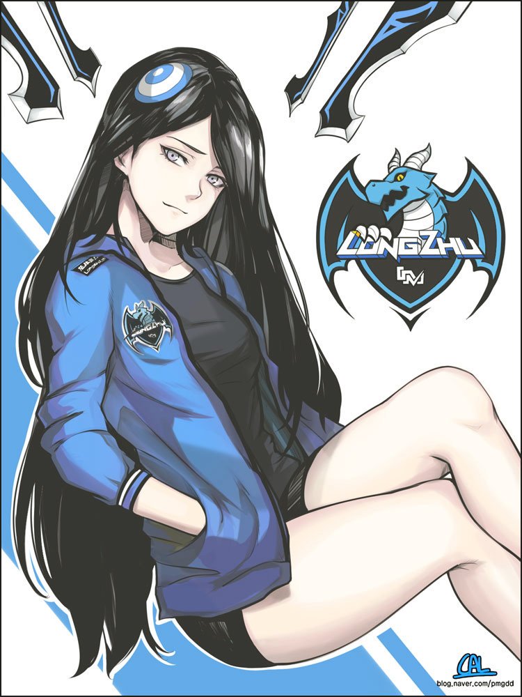 1girl, black_hair, cal_(pmgdd), female_focus, image_sample, incredible_miracle_(team), irelia, jacket, league_of_legends, legs, long_hair, longzhu_gaming, riot_games, short_shorts, shorts, solo