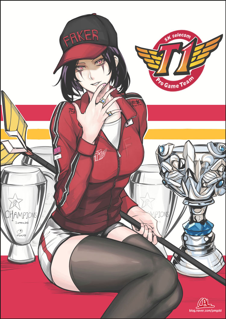 1girl, baseball_cap, cal_(pmgdd), esports, faker_(person), hat, jacket, jewelry, league_of_legends, leblanc_(league_of_legends), lol_champions_korea, makeup, ongamenet, ring, riot_games, short_shorts, shorts, t1_(esports), staff, summoner's_cup, thighhighs, trophy