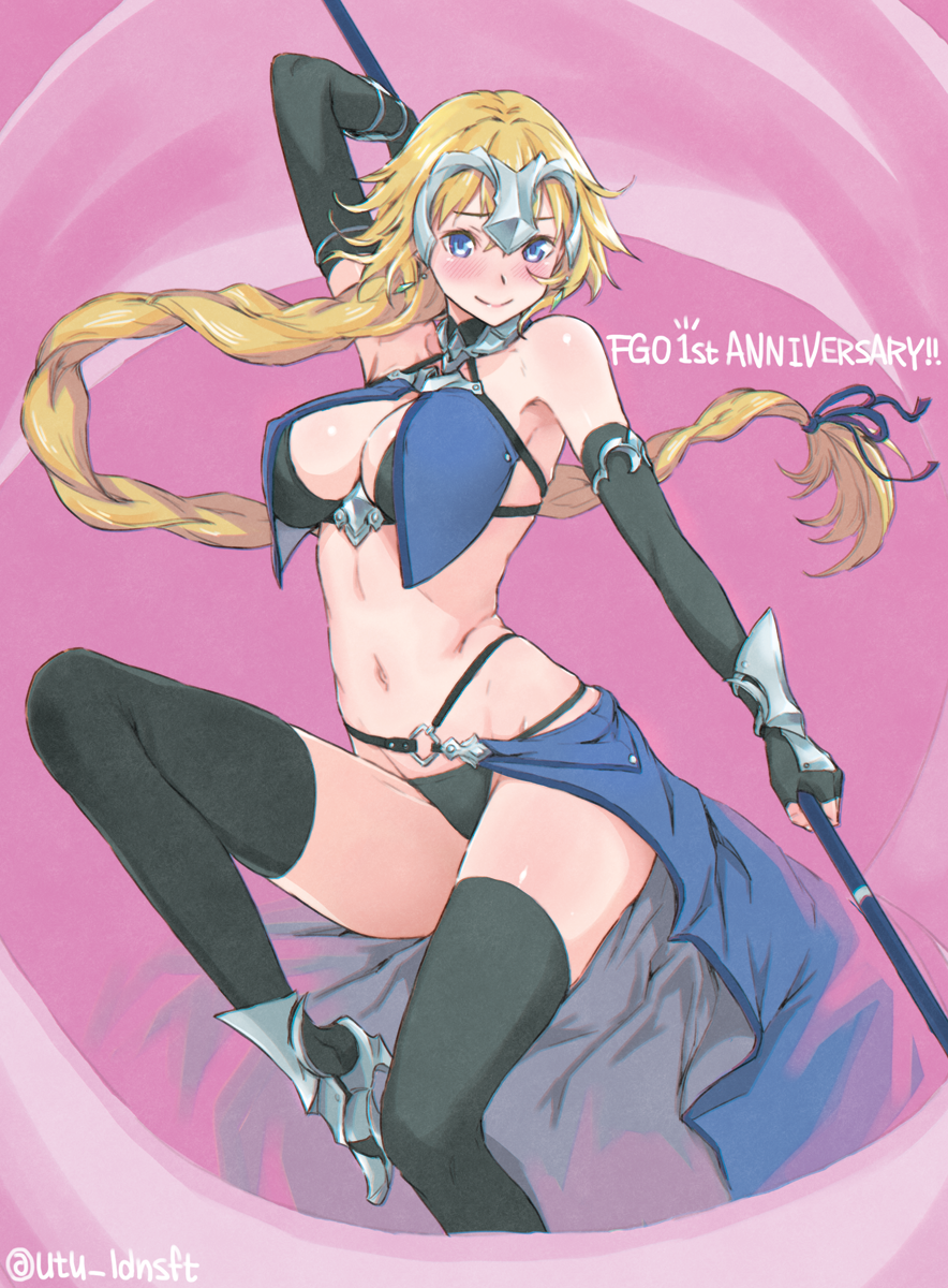1girl, arm_behind_head, armor, armored_boots, bare_shoulders, bikini, bikini_armor, black_bikini, black_gloves, black_thighhighs, blonde_hair, blush, boots, breasts, cleavage, elbow_gloves, erika_harlacher, fate/apocrypha, fate/grand_order, fate_(series), female_focus, fingerless_gloves, gloves, helmet, highres, jeanne_d'arc_(fate), jeanne_d'arc_(ruler)_(fate), long_hair, looking_at_viewer, midriff, navel, revealing_clothes, sakamoto_maaya, smile, solo, swimsuit, thighhighs, utu_(ldnsft), voice_actor_connection