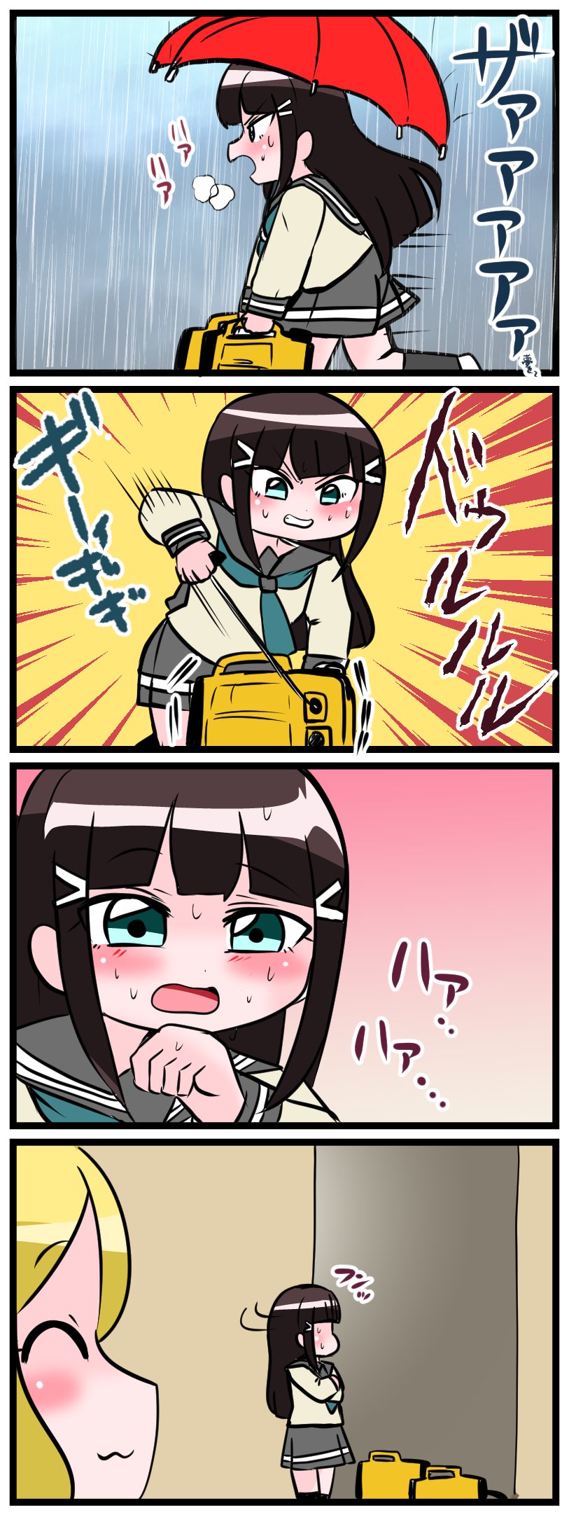10s, 2girls, 4koma, :3, ^_^, aqua_eyes, ascot, black_hair