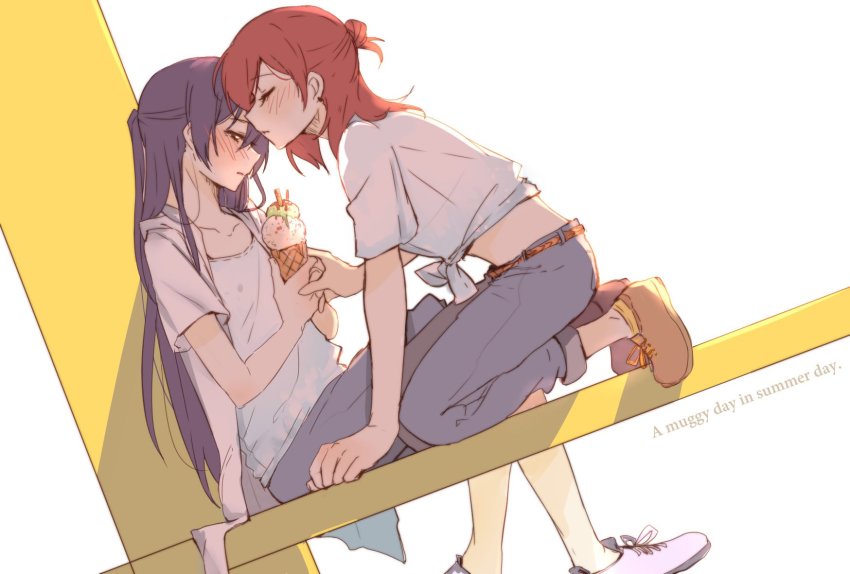 10s, 2girls, alternate_hairstyle, belt, blue_hair, blush, brown_footwear, denim