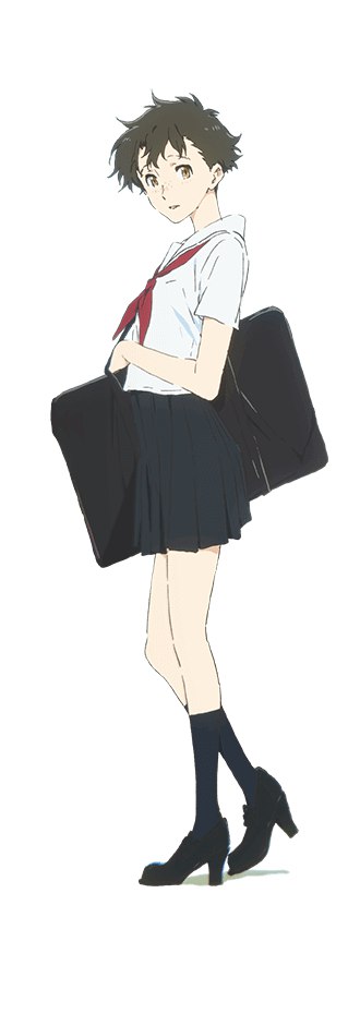 10s, 1girl, black_hair, brown_eyes, concept_art, female_focus, high_heels, koe_no_katachi, official_art, sahara_miyoko, school_uniform, serafuku, short_hair, short_sleeves, simple_background, solo, white_background