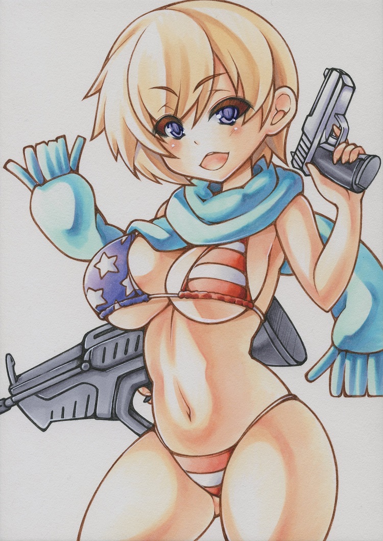 1girl, american_flag, american_flag_bikini, american_flag_print, assault_rifle, asymmetrical_dual_wielding, bikini, blonde_hair, blue_eyes, blue_scarf, blush, breasts, bullpup, carbine, cleavage, dual_wielding, female_focus, flag_print, flag_print_bikini, gun, handgun, holding, iwi_tavor, iwi_x95, large_breasts, pistol, print_bikini, resident_evil, resident_evil_2, resident_evil_6, rifle, scarf, sherry_birkin, short_hair, smile, solo, swimsuit, weapon, yutakasan-love