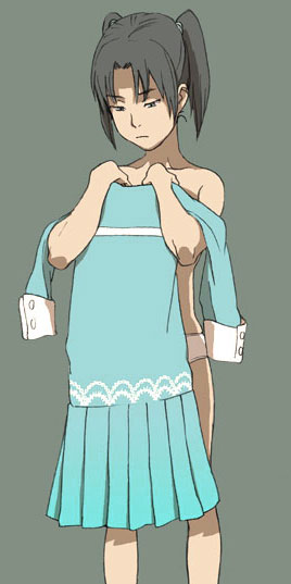 00s, amasawa_yuuko, bare_shoulders, black_hair, brown_eyes, brown_hair, clothes_in_front, covering_privates, dennou_coil, dress, panties, short_hair, solo, tabomi, twintails, underwear, undressing