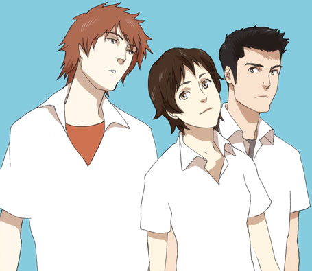 00s, 1girl, 2boys, brown_eyes, brown_hair, konno_makoto, lowres, mamiya_chiaki, multiple_boys, short_hair, tabomi, toki_wo_kakeru_shoujo, tsuda_kousuke