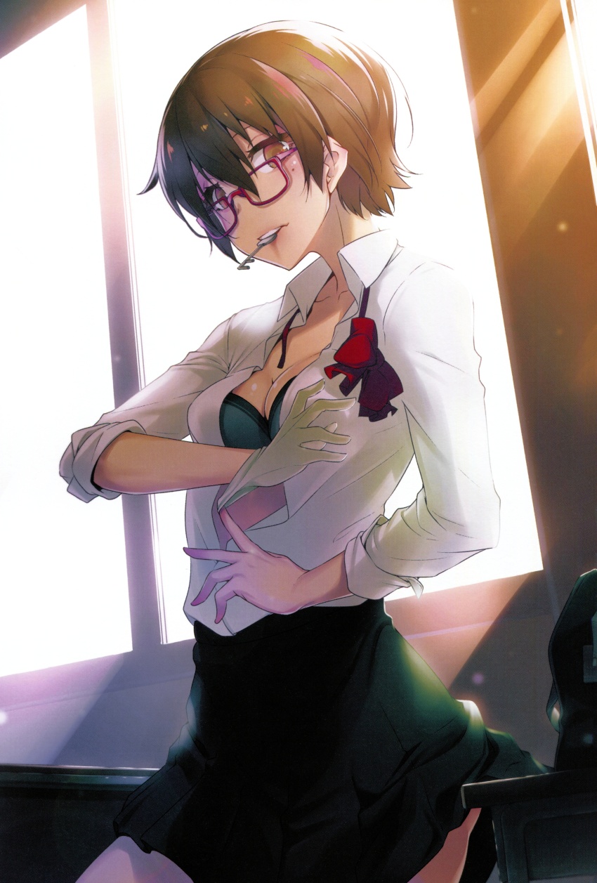 1girl, absurdres, bag, black_bra, bra, breasts, brown_eyes, brown_hair