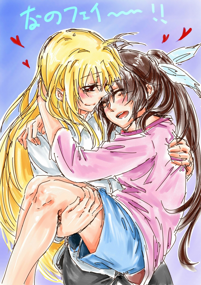 00s, 2girls, blonde_hair, brown_hair, carrying, couple, fate_testarossa, hair_ornament, happy, harii, heart, highres, lyrical_nanoha, mahou_shoujo_lyrical_nanoha, multiple_girls, princess_carry, side_ponytail, takamachi_nanoha, translation_request, yuri