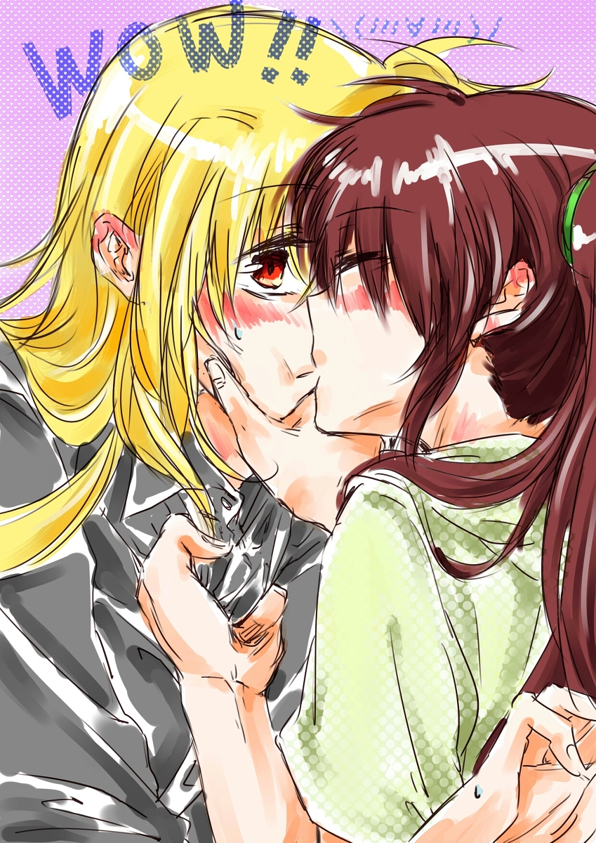 00s, 2girls, blonde_hair, blush, brown_hair, couple, fate_testarossa, harii