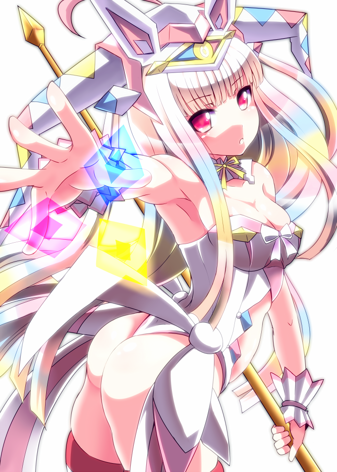 1girl, armpits, ass, bare_shoulders, beatmania_iidx, beatmania_iidx_22_pendual, bemani, blonde_hair, blue_hair, breasts, cleavage, cowboy_shot, detached_collar, female_focus, foreshortening, from_side, gradient_hair, hat, ini_(mocomocccos), jester_cap, leotard, long_hair, looking_at_viewer, lopica, medium_breasts, multicolored_hair, pink_hair, red_eyes, solo, staff, strapless, striped_clothes, striped_thighhighs, thighhighs, thong_leotard, wrist_cuffs