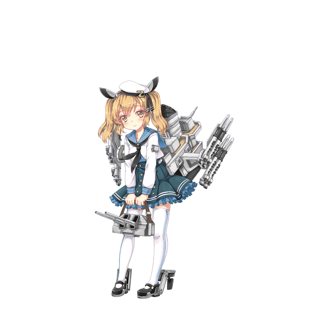 1girl, beret, blonde_hair, cannon, female_focus, full_body, hat, mecha_musume