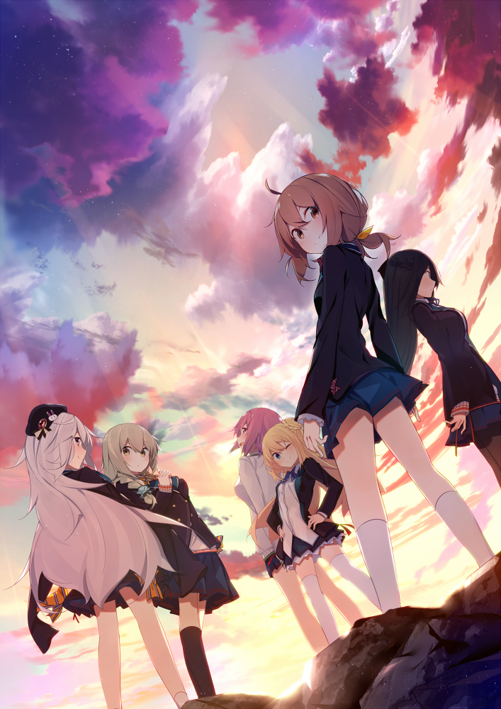 6+girls, benio_(dontsugel), black_hair, black_legwear, blonde_hair, brown_hair, dutch_angle, kanade_(lack_girl), lack_girl, light_brown_hair, long_hair, looking_at_viewer, looking_back, mizuha_(lack_girl), multicolored_sky, multiple_girls, nmaaaaa, official_art, one_eye_closed, original, pink_hair, ritsu_(lack_girl), satsuki_(lack_girl), short_hair, silver_hair, skirt, sky, smile, standing, subaru_(lack_girl), sunlight, thighhighs, tsumugi_(lack_girl), white_legwear