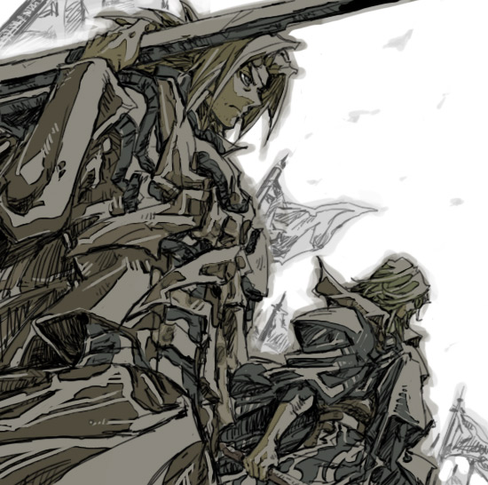 1990s_(style), 2boys, asato, bad_id, bad_pixiv_id, bunchuu, dutch_angle, houshin_engi, kou_hiko, male_focus, monochrome, multiple_boys, sepia